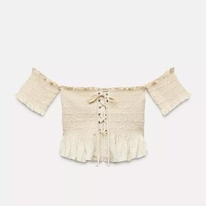 Zara Cream Off-Shoulder Lace-Up Top